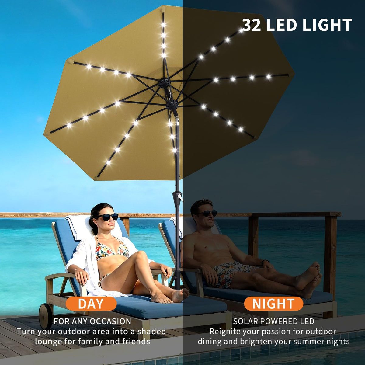 9FT Solar Patio Umbrella Outdoor Umbrella with 32 LED Lights (Tan / 9ft With Lights)