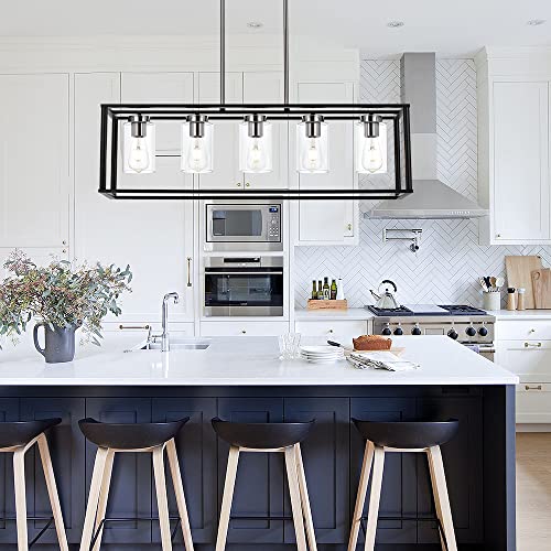 Modern Chandeliers Brushed Nickel and Black 5 Light Rectangle Dining Room Lighting Fixtures Hanging with Clear Glass Shade (Black and Brushed Nickel / 5 Light)