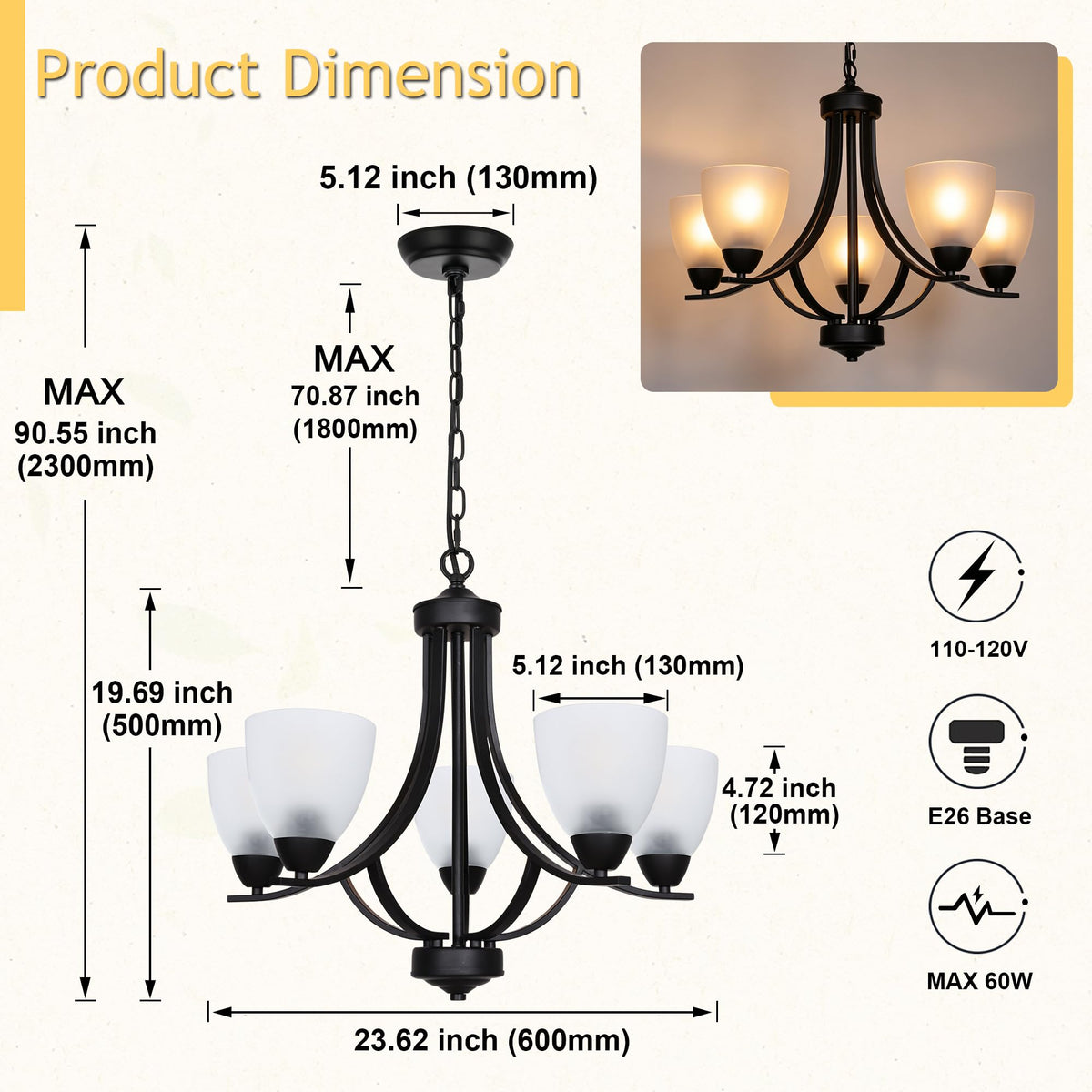 5 Light Shaded Contemporary Chandeliers with Alabaster Glass Black Rustic Light Fixtures Ceiling Hanging Mid Century Modern Pendant Lighting for Dining Room Foyer Bedroom Living Room (Black / 5 Light)