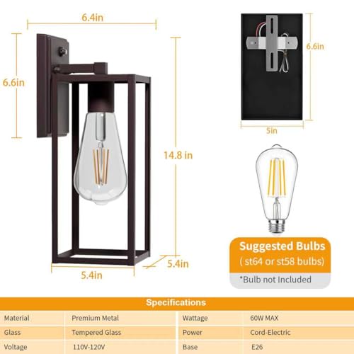 2 Pack 15'' Oil Rubbed Bronze Dusk to Dawn Outdoor Front Porch Lights for Outside (Oil-Rubbed Bronze / Large-14.8'')