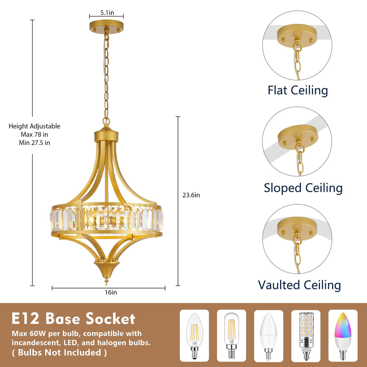 16'' Gold 4 Light Crystal Chandelier for Dining Room (4-Light Gold)