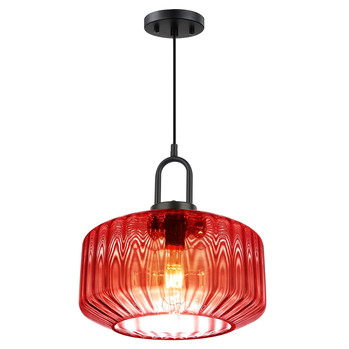 Kitchen Island Pendant Light Fixture Red Glass Hanging Lights with 11" Hand Blown Glass Shade Vintage Modern Ceiling Pendant Lighting Black Metal Finish Dining Room Adjustable Height (Red)