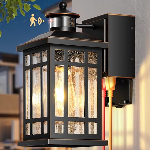 Outdoor Wall Lighting with GFCI Outlet (Black(Gold Trim) / Motion Sensor 1-Pack)