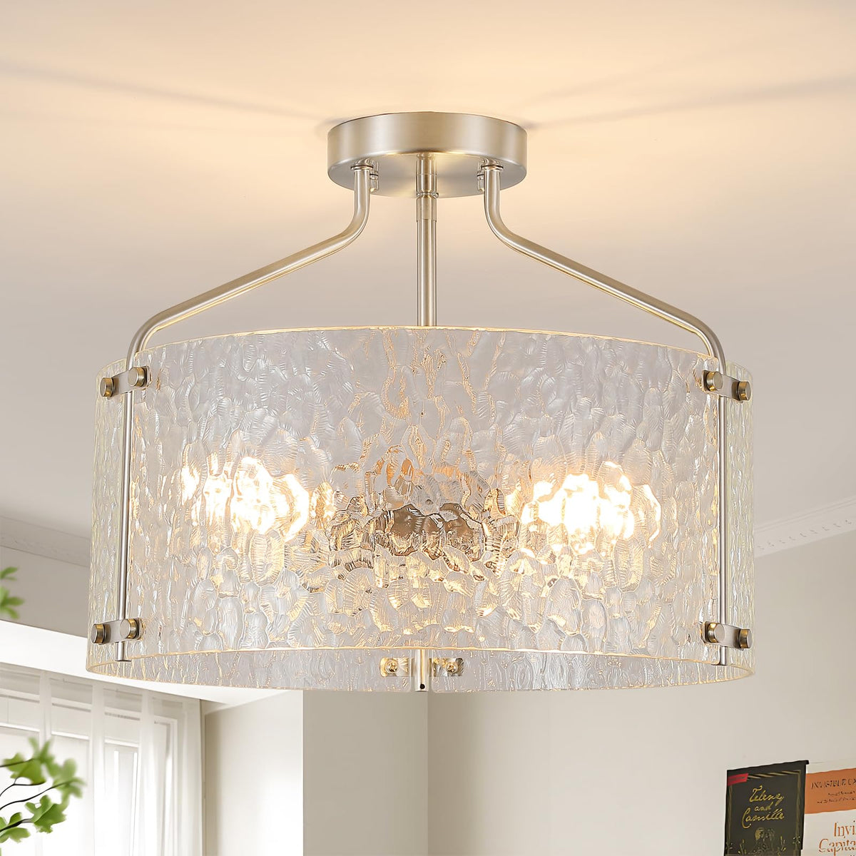 Semi Flush Mount Ceiling Light Fixture Glass Drum Chandelier Entryway Light (Brushed Nickel / 3-Light)