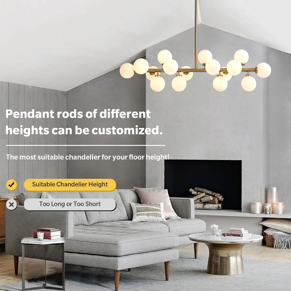 Gold Dining Room Chandelier Over Table Mid Century Modern Chandelier White Glass Globe Lampshade Linear Pendant Lighting Fixture for Living Room Dining Table 16 Lights (Gold)