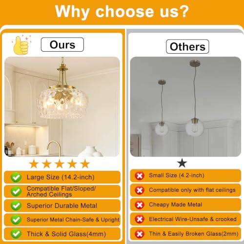 Modern Pendant Lights Kitchen Island (3-Light-Brushed Gold-Clear Hammered Glass-14.2"(Easy To Install))