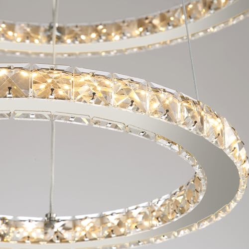 Crystal Chandelier Modern Dimmable LED Ceiling Light Fixture with Remote 3 Rings Stainless Steel Pendant Lighting for Living Room Dining Room Foyer Silver (Silver / 3-Ring 32")
