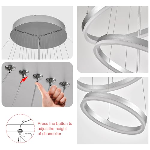 9 Rings D39.4in Modern LED Chandelier Silver Dimmable High Ceiling Foyer Chandeliers Entryway with Remote Control for Staircase Entryway Living Room Foyer (Silver / 9 Rings 39.4in)