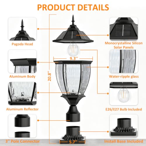 Solar Light Post Outdoor Waterproof with Pier Mount Base