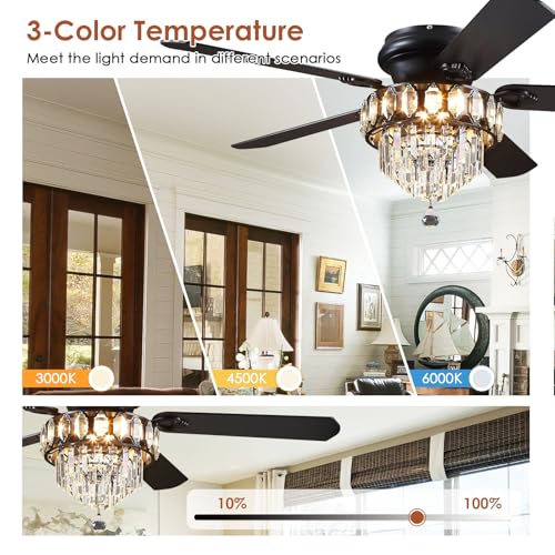 52" Low Profile Crystal Ceiling Fans with LED Lights and Remote (Black-52IN-8337)