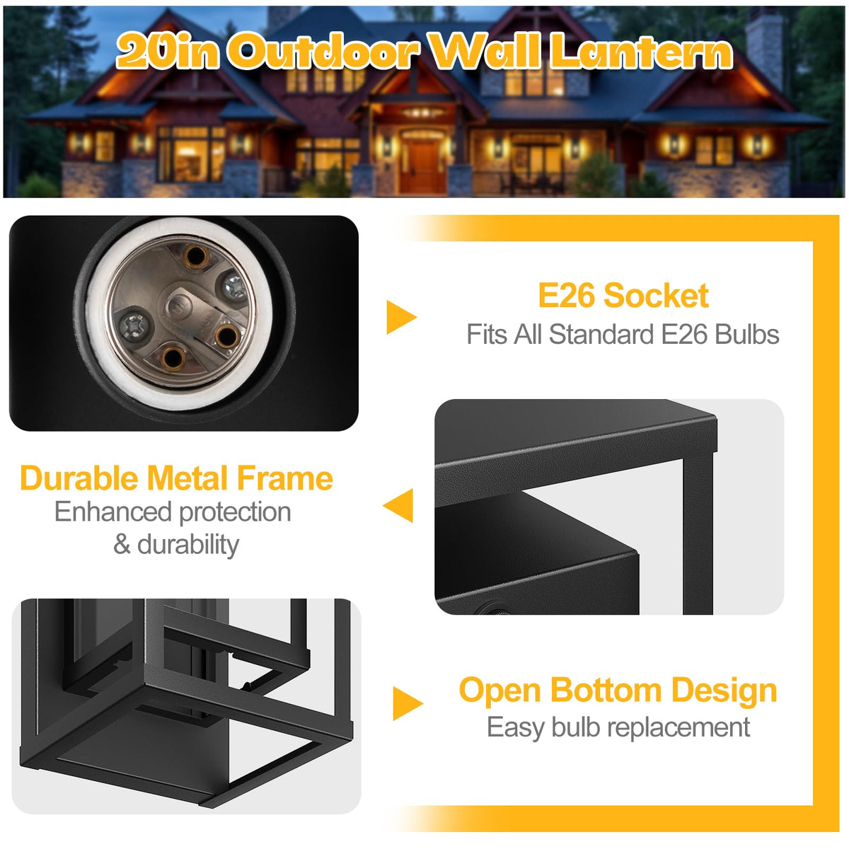 20in Extra Large Outdoor Wall Sconce Black Modern Exterior Lighting Fixture (No Sensor / 20in)