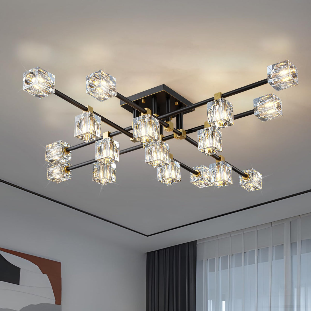 Crystal Sputnik Ceiling Light Fixture (Black+Gold(17lights) / 46.4inch)