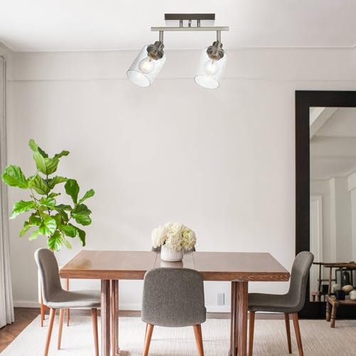 2 Light Brushed Nickel Kitchen Track Lighting Fixtures Ceiling Mount Track Lighting Kit with Bubble Seeded Glass Shade Modern Bathroom Tracking Vanity Lights Ceiling Tracking Accent Shop Light (Brushed Nickel / 2-Light)