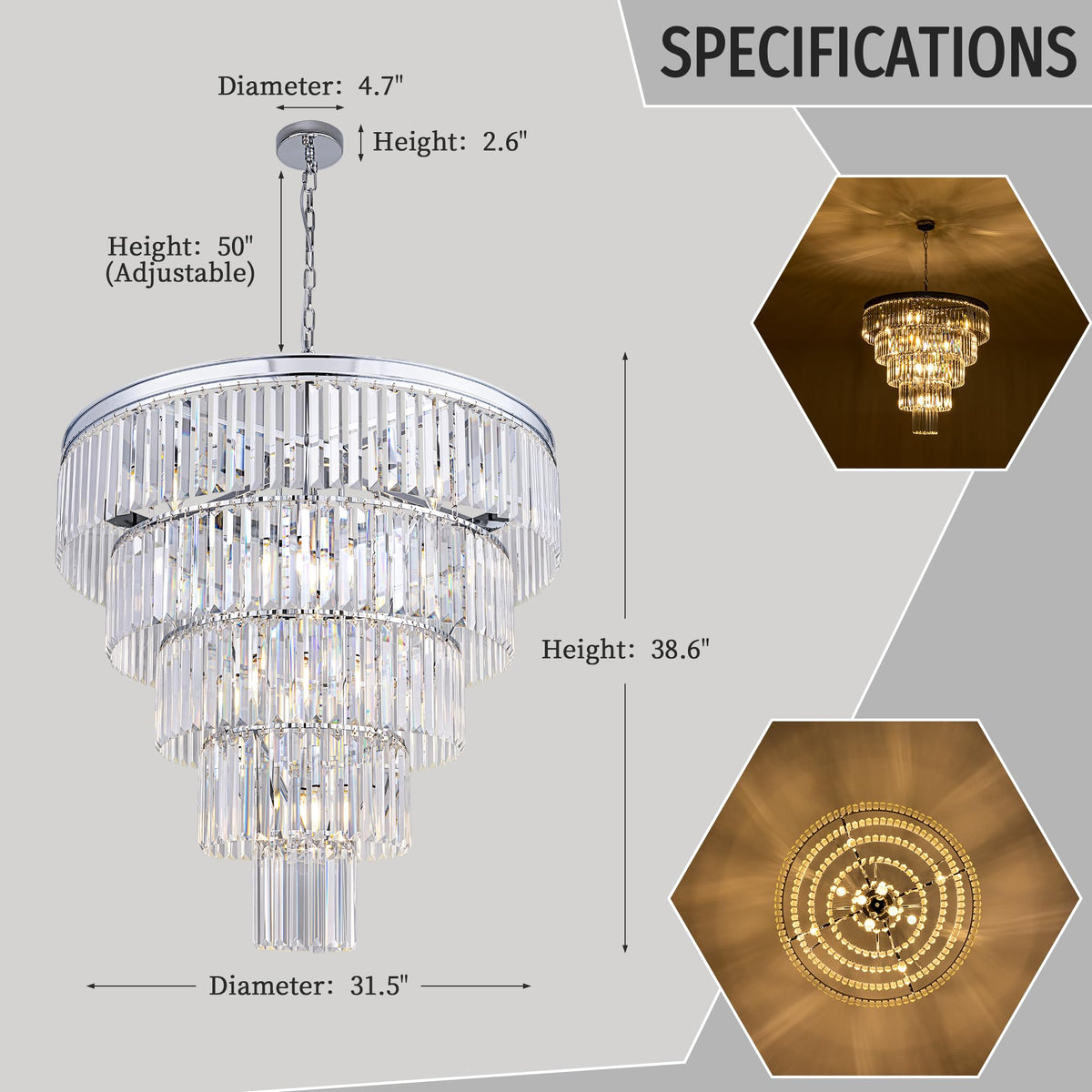 Large Crystal Chandelier 31.5 inch (31.5 Inches / Chrome)