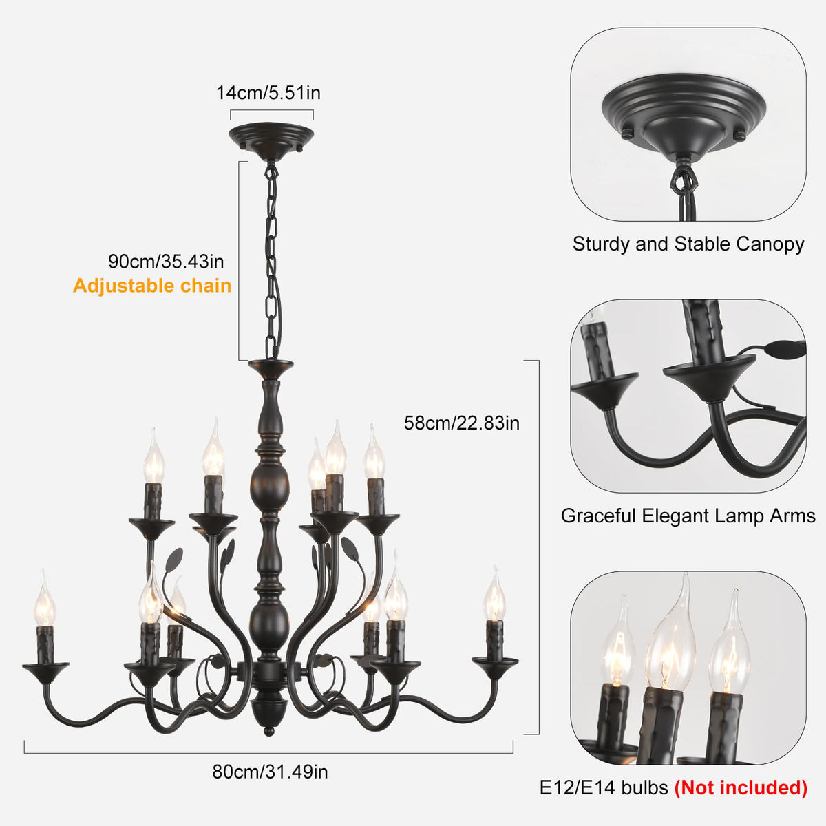 12 Light Black Farmhouse Chandelier (Vintage black/12 lights)