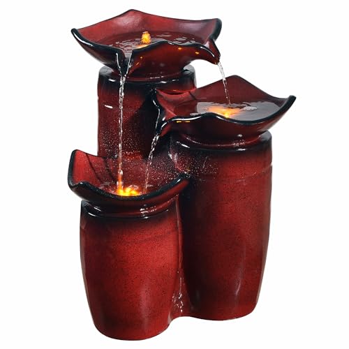 3 Tiered Floor Water Glazed Pots Fountain with LED Lights and Pump for Outdoor Patio Garden Backyard Decking Décor (Gradient Red)