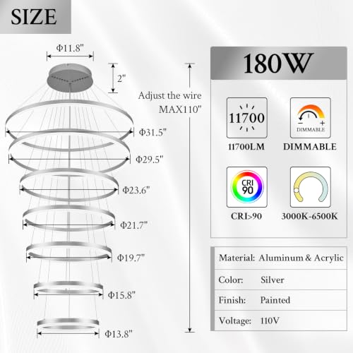 7 Rings D31.5in Modern LED Chandelier Silver Dimmable High Ceiling Chandeliers Foyer with Remote Control for Staircase Entryway Dining Room Living Room (Silver / 7 Rings 31.5in)
