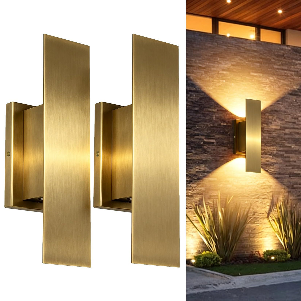 2 Pack Brass Outdoor LED Up Down Wall Sconces (Brushed Gold)