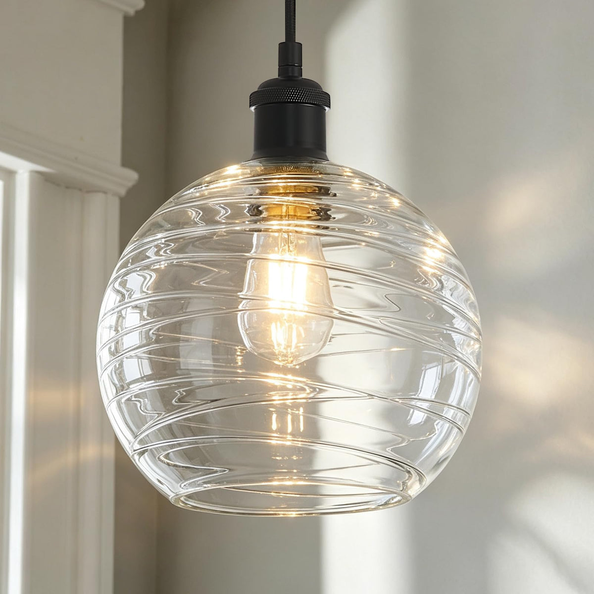 Modern Glass Pendant Light 10” Black Kitchen Island Hanging Light Fixture (Black Swirled)