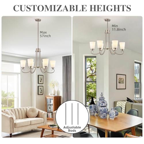 Brushed Nickel Farmhouse Chandelier Rustic Dinner Room Chandelier with Frosted Milky White Glass Lampshade Silver Durable Metal Ceiling Hanging Light Fixture for Kitchen Island Living Room Over Table (Brushed nickel -A)