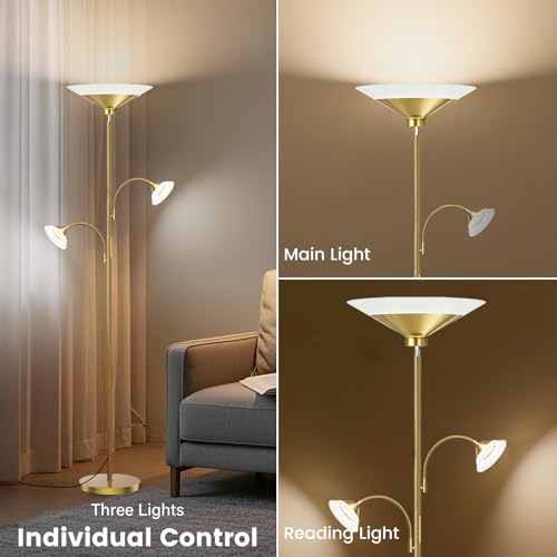 42W 3 Light Torchiere Floor Lamp (Gold)