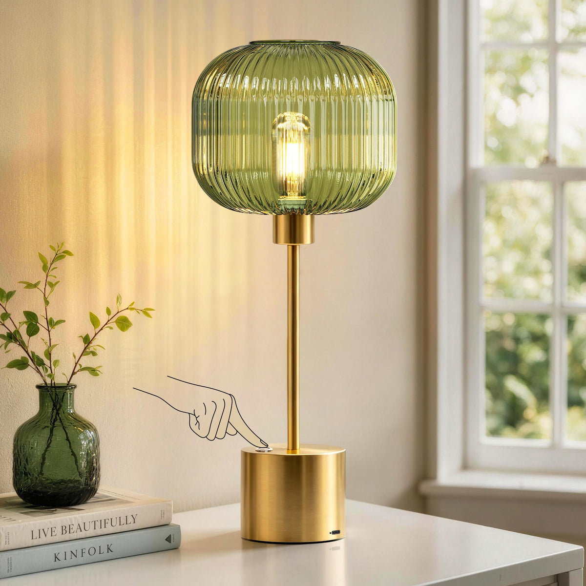 Rechargeable Cordless Glass Table Lamp for Living Room (Brushed gold & green 2)