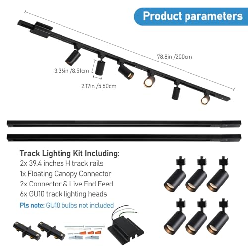 6 Light LED Track Lighting Kit with 6.6FT H Track Lighting Rails & Floating Canopy Connector (Black / 6 Lights)