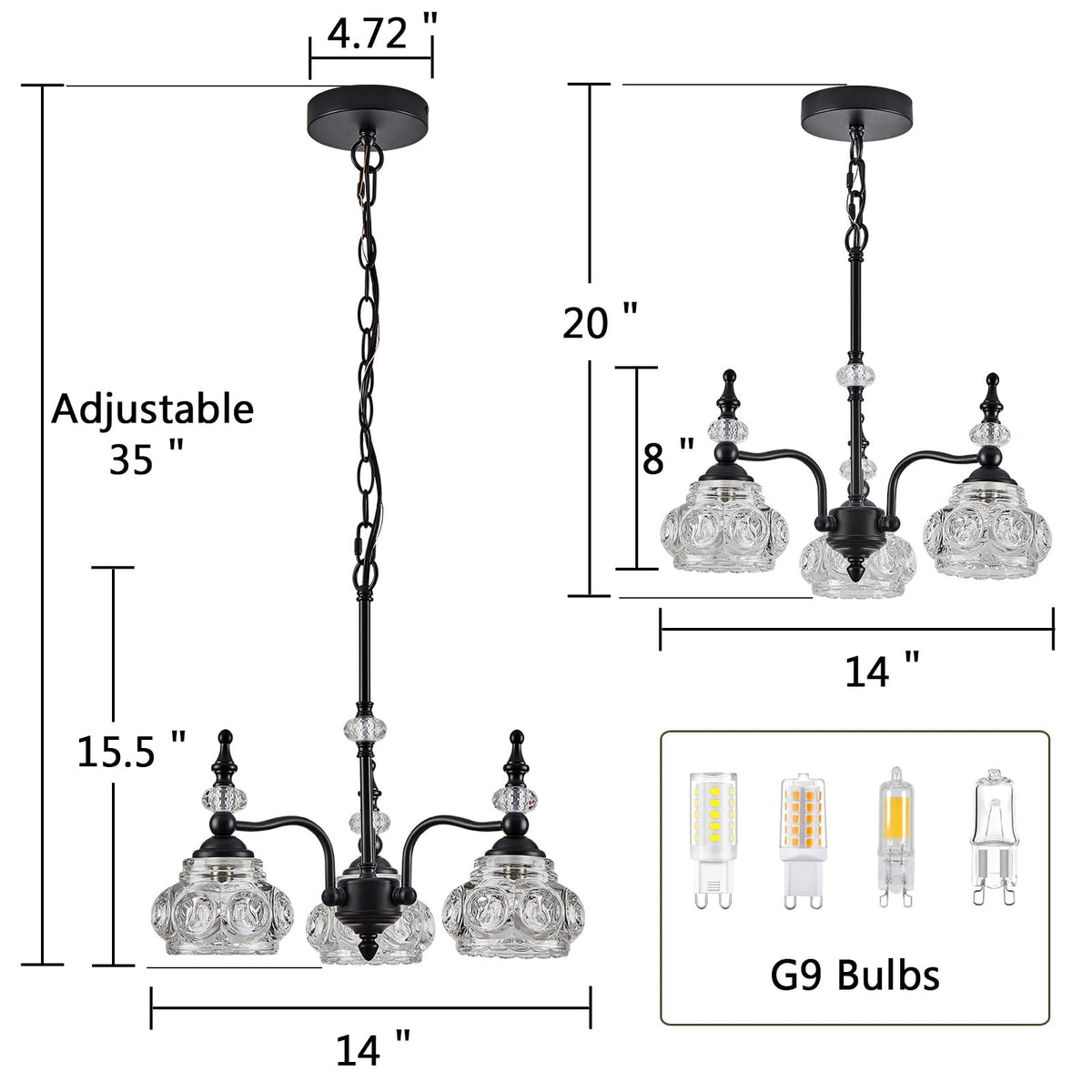 Modern 3 Light Chandeliers Black Kitchen Island Pendant Light for Farmhouse Living Room Bedroom Hotel (3-Light / Black)