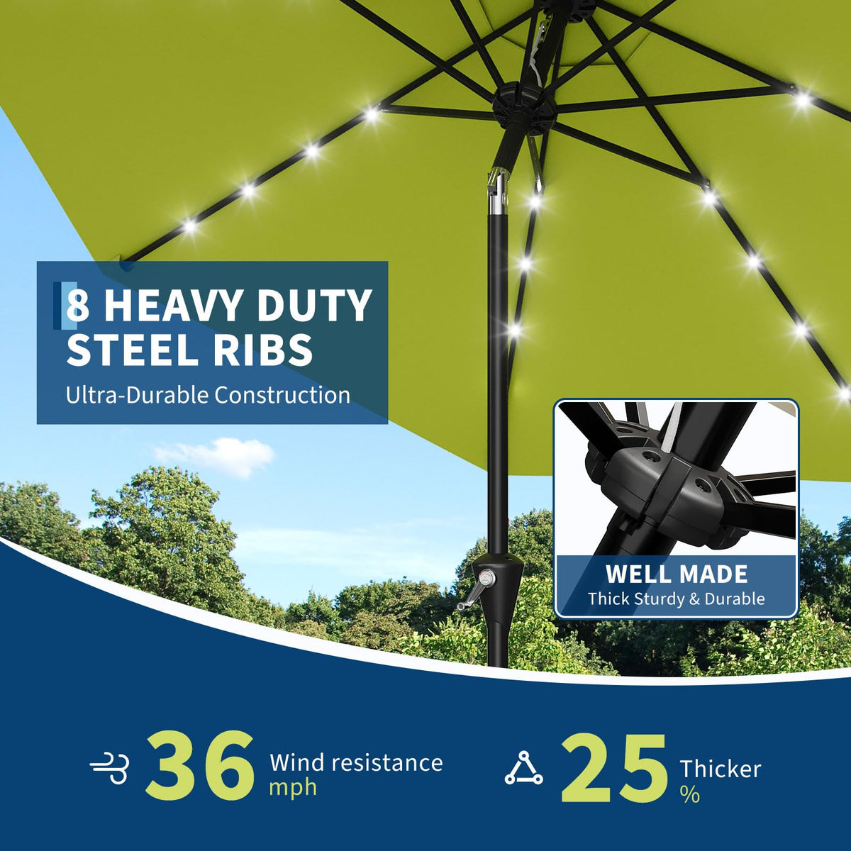 9FT Solar Patio Umbrella Outdoor Umbrella with 32 LED Lights (Apple Green / 9ft With Lights)