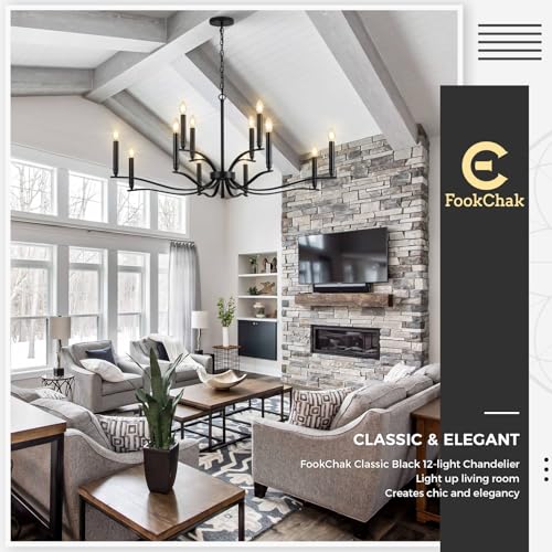 Black Living Room Chandelier 12 Light High Ceiling Foyer Candle Chandelier Large Dining Room Light Fixture Over Table 44in Metal Modern Chandeliers Hanging Light for Entry Master Bedroom (Black / 44 inch)