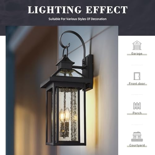 Medium Outside Wall Light Fixture (Black - Seeded Glass / 25.2 Inch - No Function)