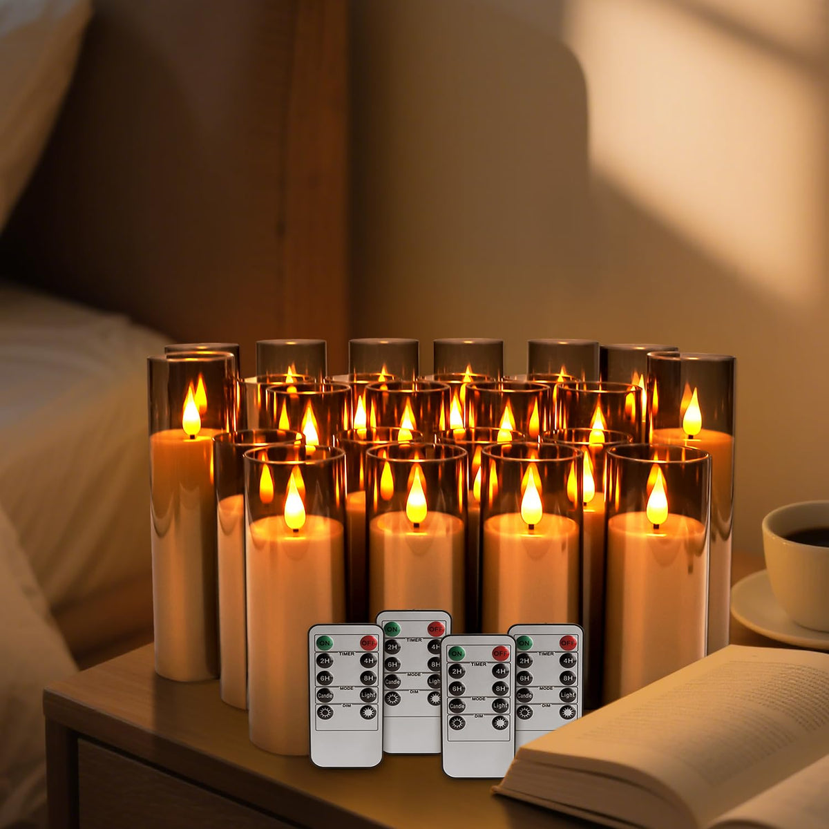 Halloween Flickering Flameless Pillar Candles with Timer - 24 Pack, Grey