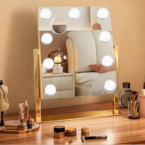 Portable Travel Makeup Mirror with Lights (Gold / 12"L x 14"W)