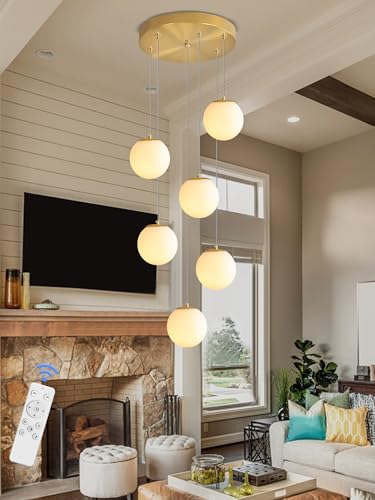 6 Light Chandelier with White Globe Glass Dimmable Ceiling Light Glass Pendant Light for Kitchen Island (Gold-White / Globe 6-Light)