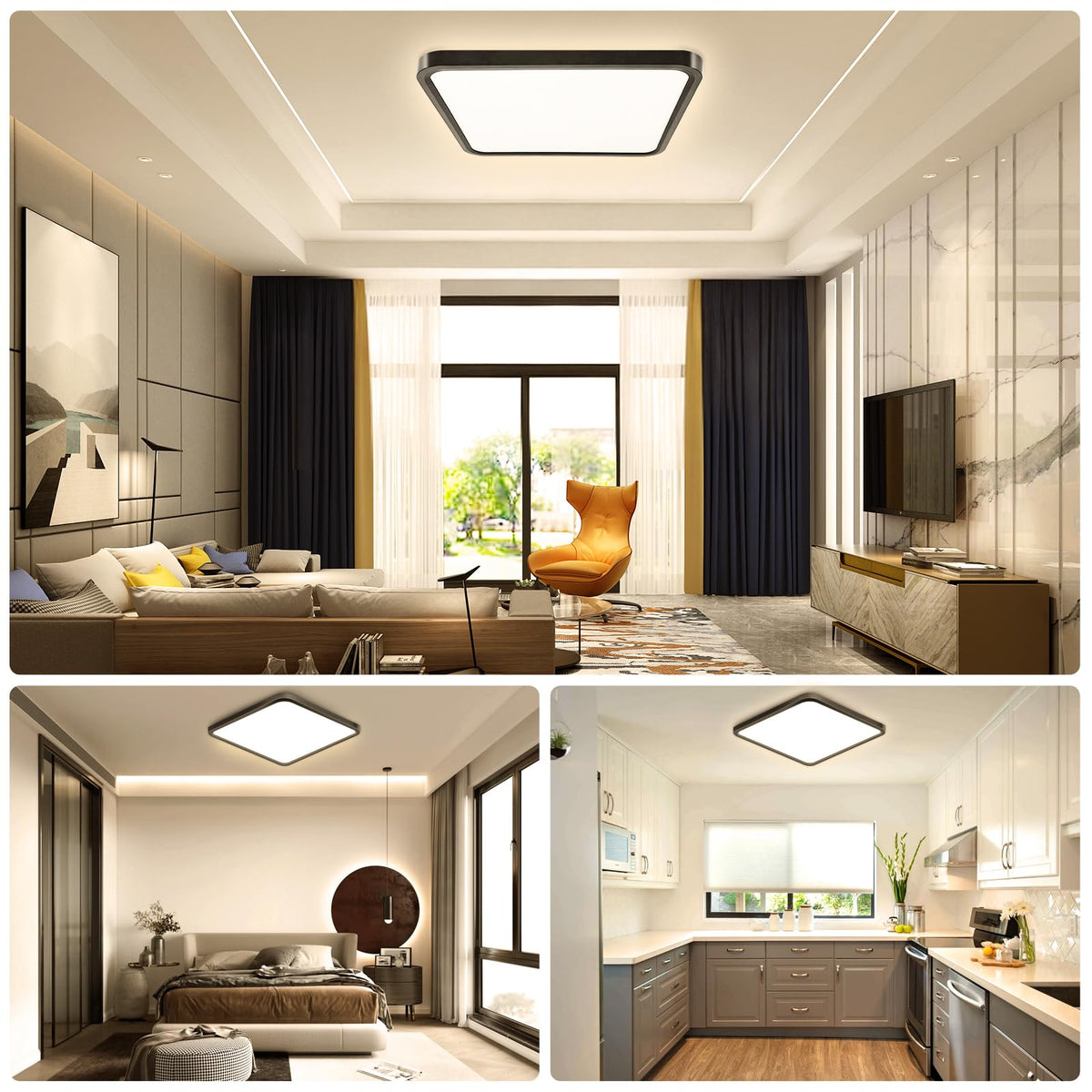 15.7Inch 32W Square LED Ceiling Light Fixtures Flush Mount (Warm White / 15.7 inch Black)