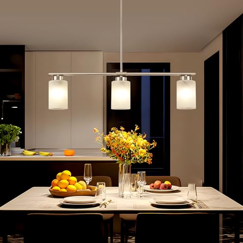 3 Light Kitchen Island Lighting Brushed Nickel Dining Room Light Fixture with Milk Glass Shade 31" Modern Linear Chandelier Adjustable Hanging Pendant Lighting Over Island Dining Table Living Room (Silver / 3-light)
