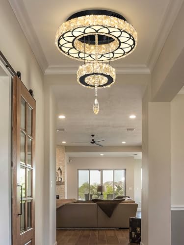 Dia 12" Crystal Mini Chandelier Crystal Black Ceiling Light Fixtures LED Flush Mount Ceiling Light for Living Room Bedrooms Dining Room Dimmable 2700k 4500k 6000k (Black / W:12inches)