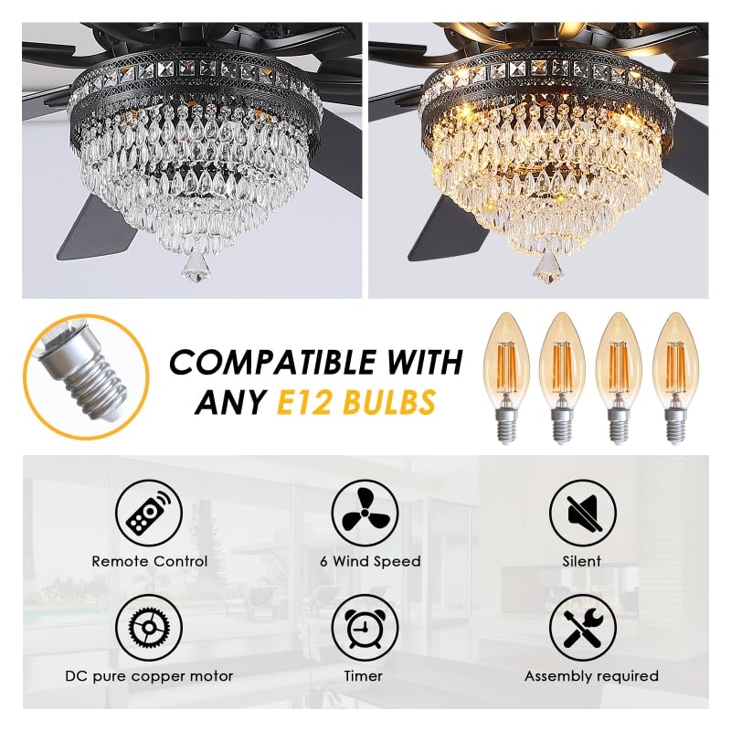 72 Inch Black Large Crystal Chandelier Ceiling Fans with Lights and Remote (Black-72IN)