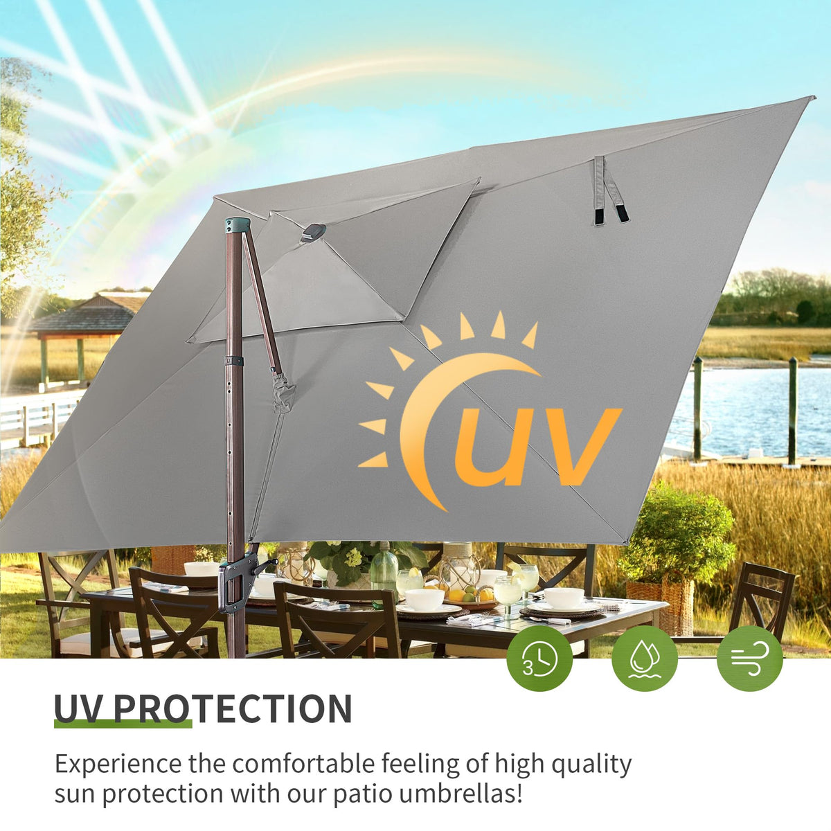 9x12 FT Cantilever Offset Patio Umbrella with Lights & Base (Grey)