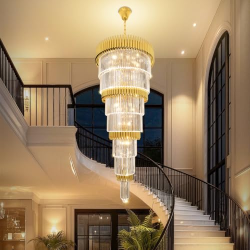 Long Staircase Crystal Chandelier 7 (D32"XH66" Gold)