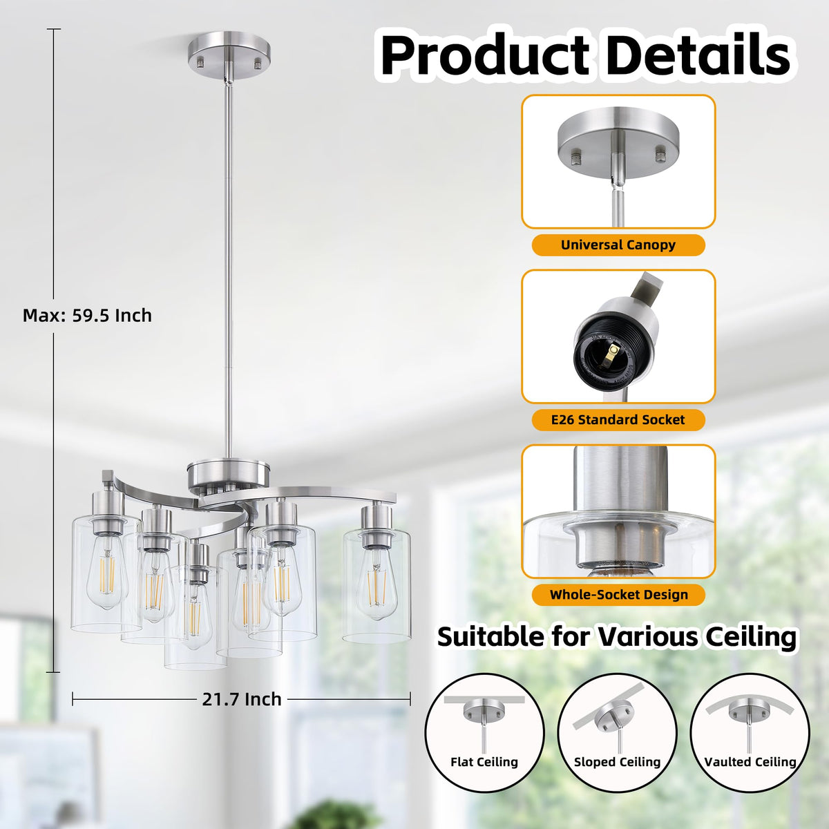 6 Light Modern Chandelier (Brushed Nickel)
