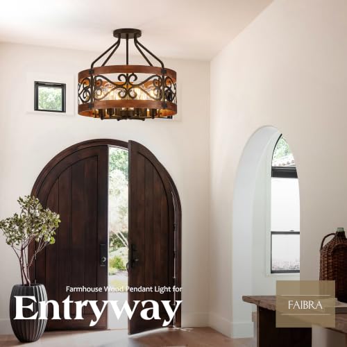 2-in-1 6-Light Farmhouse Drum Pendant Light, 20'' Rustic Ceiling Light with Brown Wood Texture, Adjustable Hanging Height, Industrial Black Metal Chandelier for Dining Room, Kitchen Island, Entryway (20in-6 Light (2 in 1))