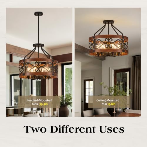 2-in-1 6-Light Farmhouse Drum Pendant Light, 20'' Rustic Ceiling Light with Brown Wood Texture, Adjustable Hanging Height, Industrial Black Metal Chandelier for Dining Room, Kitchen Island, Entryway (20in-6 Light (2 in 1))
