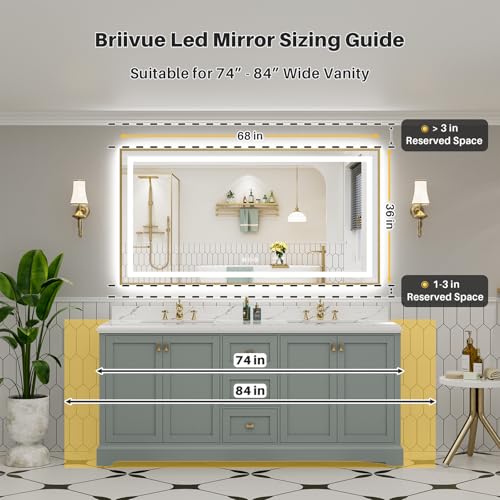 68x36 Inch LED Bathroom Mirror with Gold Frame (Backlit+front Lit With Gold Frame / 68"L x 36"W)