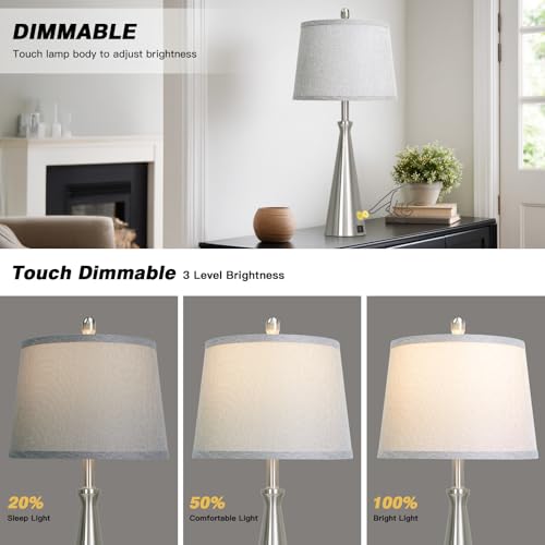 28" Silver Touch Table Lamps Set of 2 with USB A+C Ports (B Silver)
