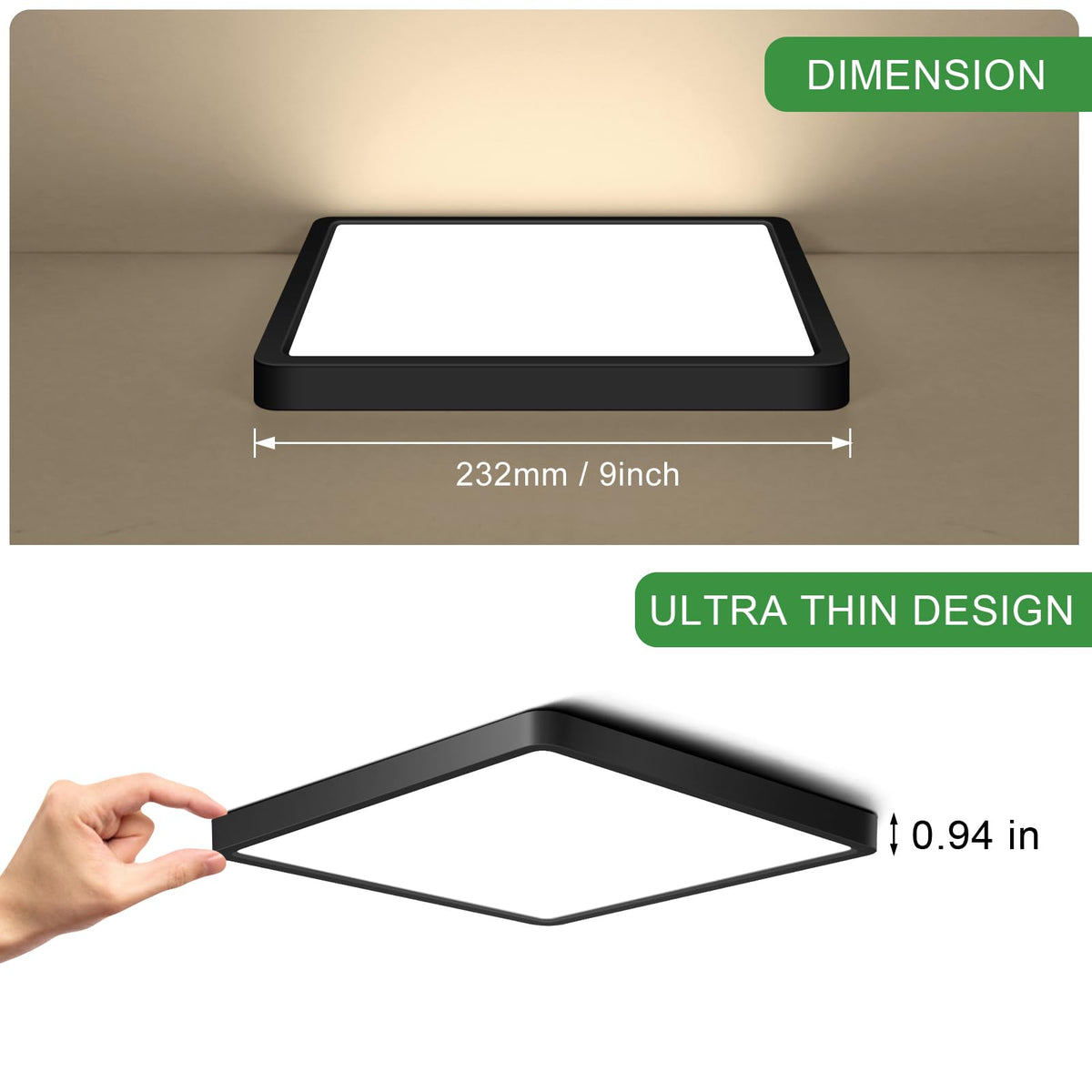 9Inch 18W Square LED Ceiling Light Fixtures Flush Mount (Warm White / 9 inch Black)