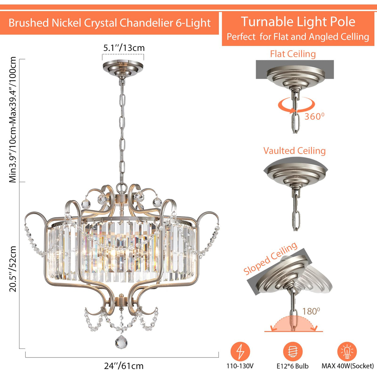 Modern Crystal Chandelier for Dining Room 24" Brushed Nickel Light Fixtures 6
