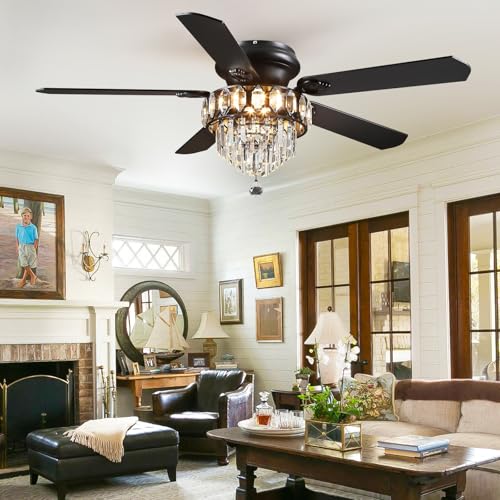 52" Low Profile Crystal Ceiling Fans with LED Lights and Remote (Black-52IN-8337)