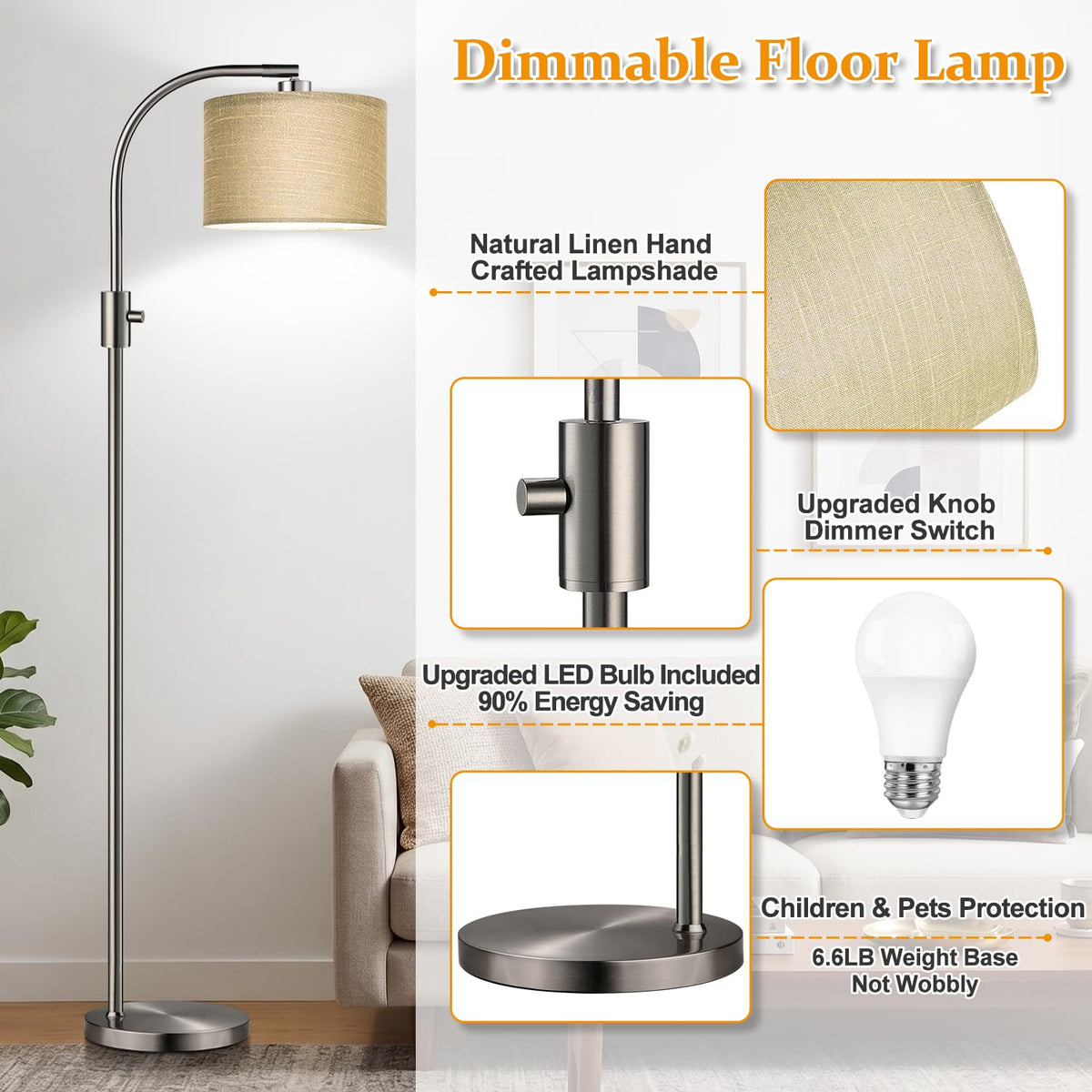 Dimmable Sliver Floor Lamp (Brushed Nickel-Champagne Linen Shade)