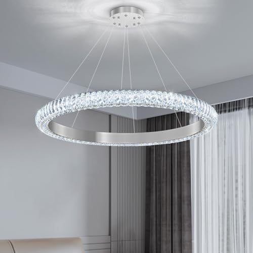 31.5" 1 Ring Crystal Chandelier Modern LED Dimmable Ring Pendant Light Chandelier for Dining Room Living Room Silver (Silver / 1 Ring Round 32")